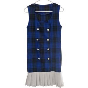 Vintage OOAK plaid double breasted pleated blue white dress small